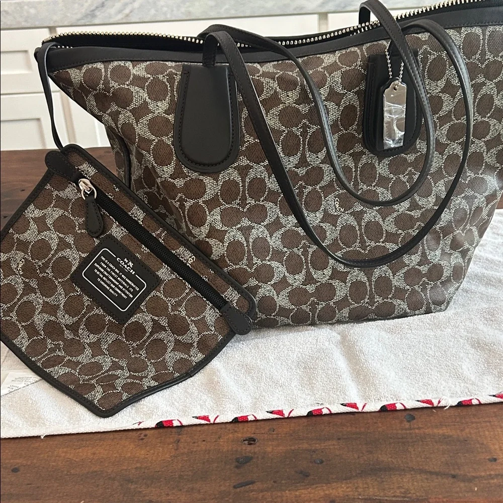 Coach Brown Signature Canvas Tote with Dark Trim and Pouch - Picture 1 of 15